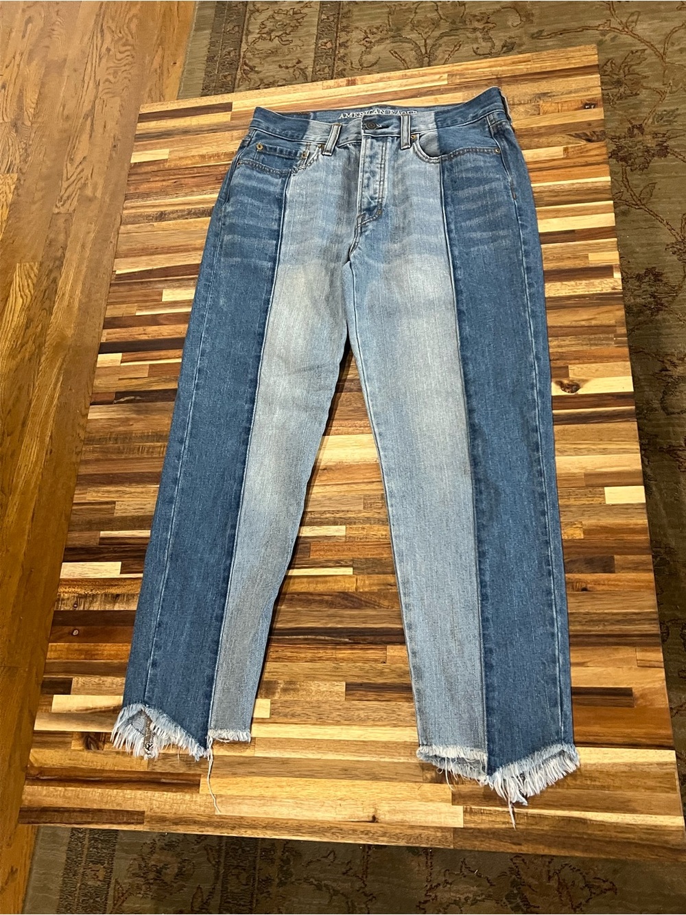 American Eagle vintage high rise Two- Tone Jeans with Raw Hem